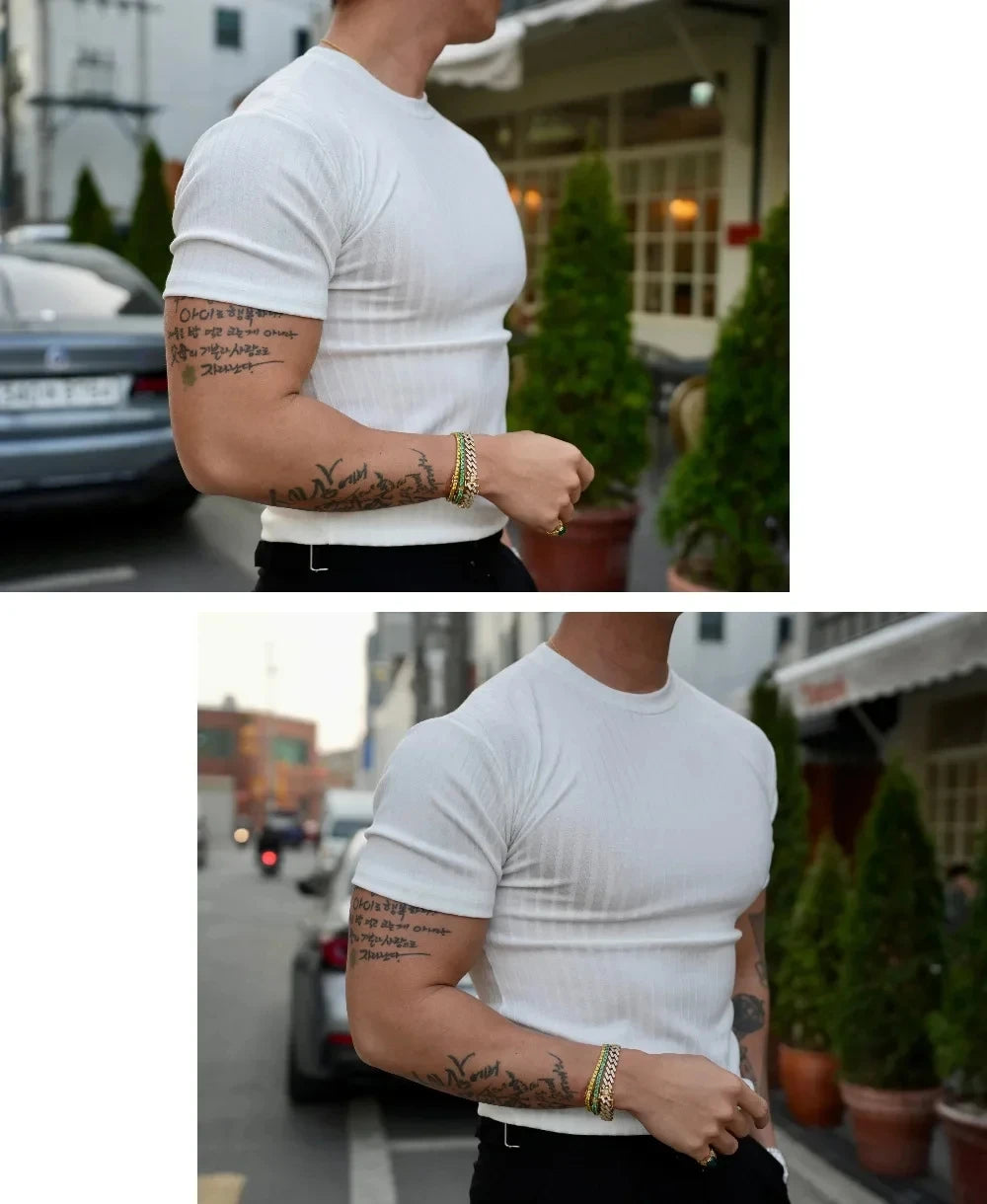 2024 new Fashion Muscle Fitness Men's Summer Sports Fitness Leisure Round Neck Elastic Short Sleeve Vertical Stripe T-shirt