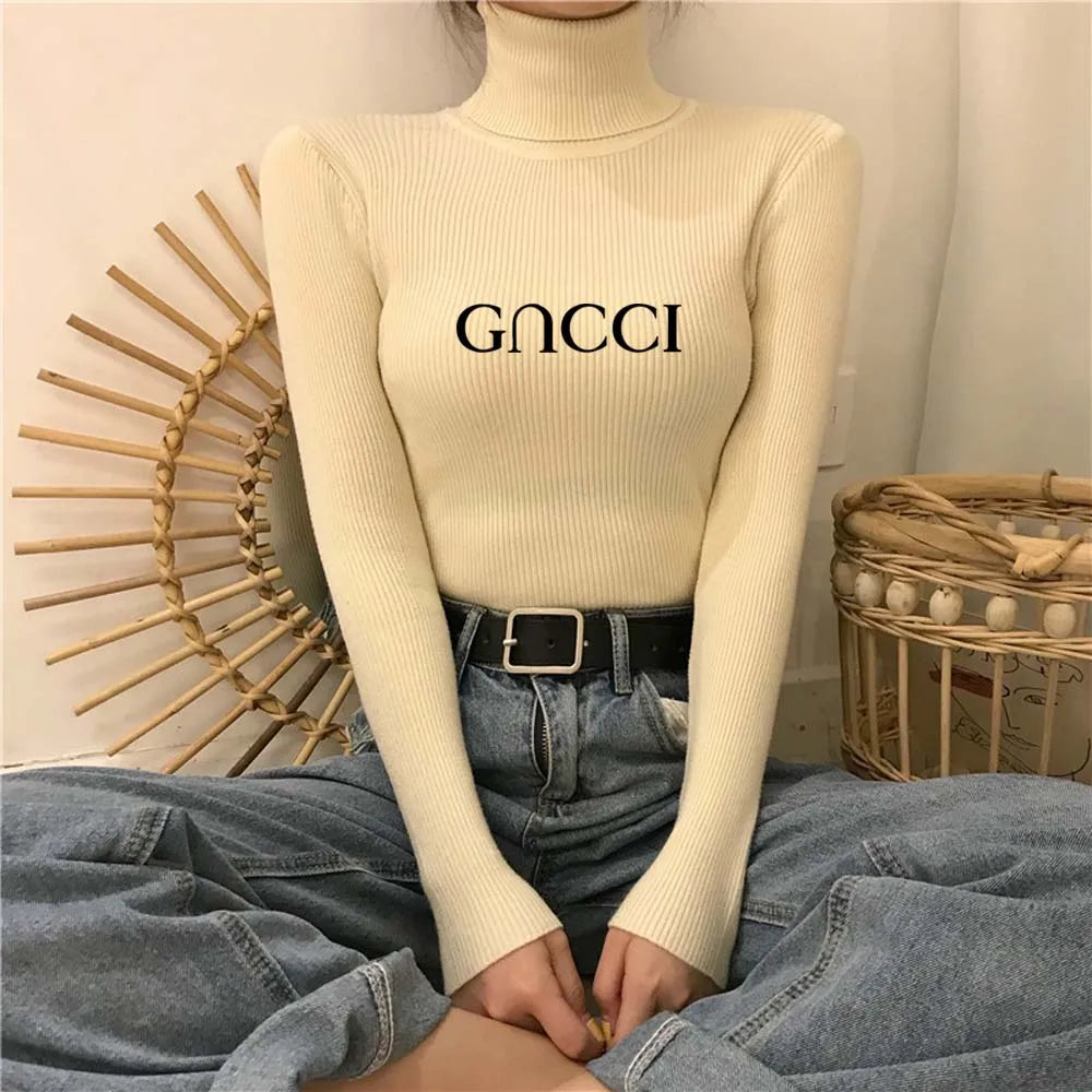 Elegant Solid Basic Knitted Tops Women Turtlneck Sweater Long Sleeve Casual Slim Pullover Korean Fashion Simple Chic Clothes