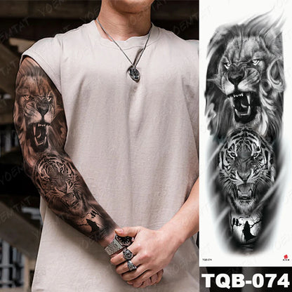 Large Arm Sleeve Tattoo Lion Crown King Rose Waterproof Temporary Tatoo Sticker Wild Wolf Tiger Men Full Skull Totem Fake Tatto