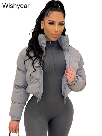 Winter Thick Warm Cotton Down Jacket Women Clothing Gray Zipper Short Puffer Parkas Coats Outwear Female  Crop Tops Streetwear