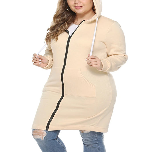 Women's plus size casual hooded sweatshirt, pocket zipper loose solid color coat, autumn and winter sweatshirt,