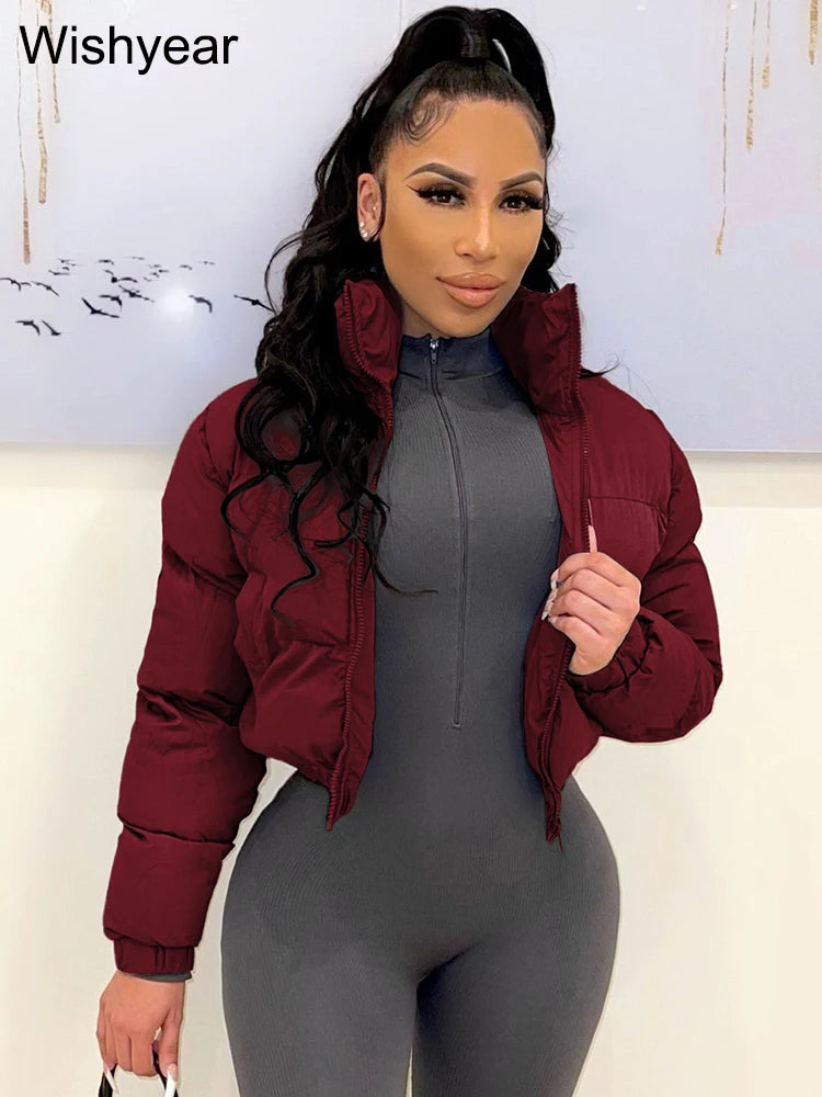 Winter Thick Warm Cotton Down Jacket Women Clothing Gray Zipper Short Puffer Parkas Coats Outwear Female  Crop Tops Streetwear