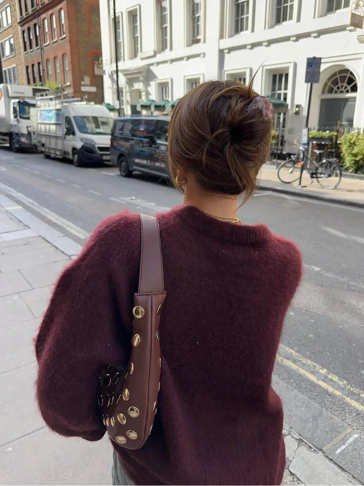 Elegant Lady Burgundy Loose Mohair Sweater Fashion O Neck Long Sleeves Pullover Autumn Chic Lady Commuting High Street Jumpers