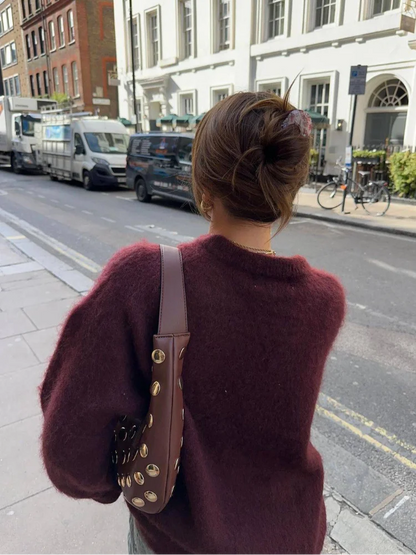 Elegant Lady Burgundy Loose Mohair Sweater Fashion O Neck Long Sleeves Pullover Autumn Chic Lady Commuting High Street Jumpers