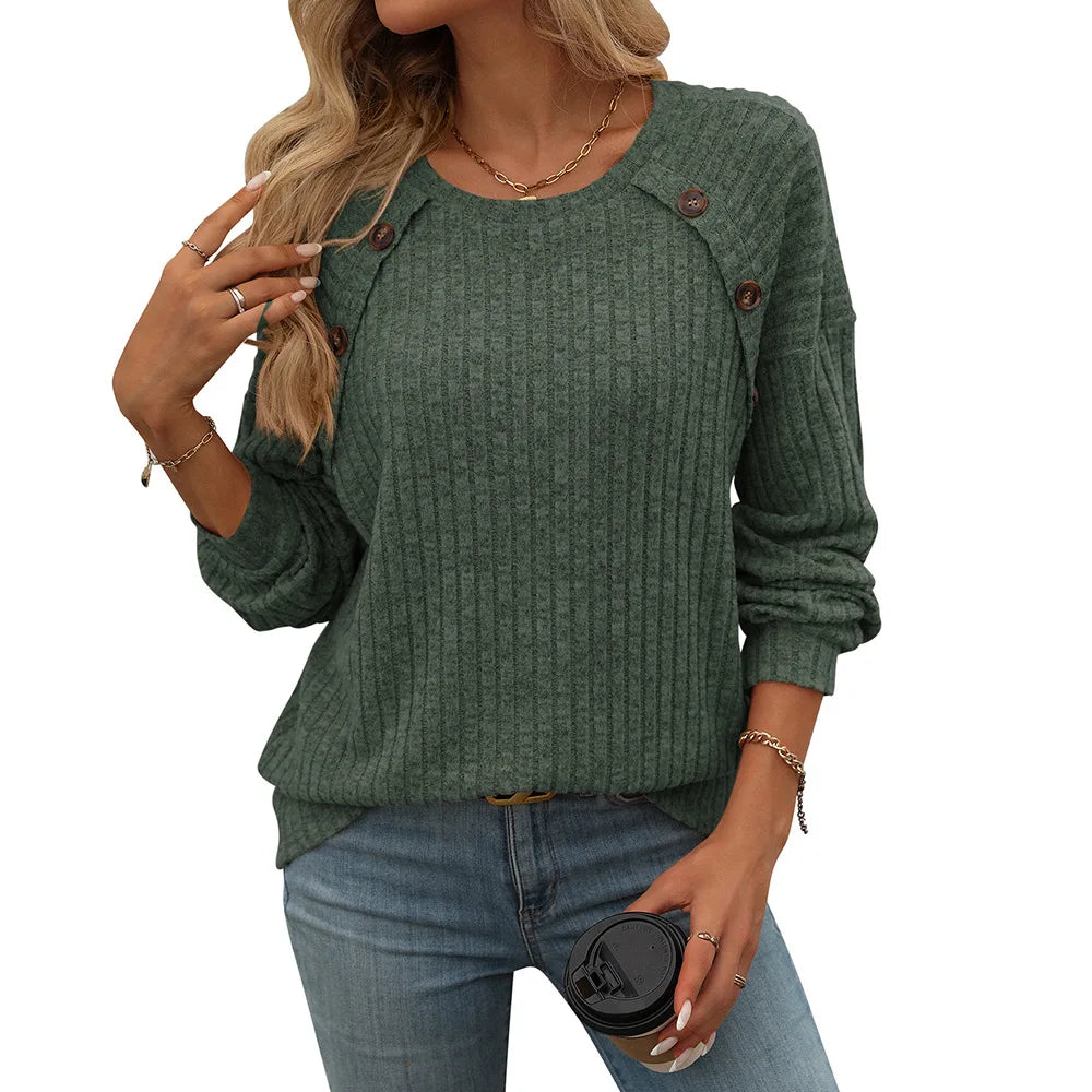 2025 New Item Women's Tee Top With Round Neck And Brushed Solid Color Pullover Tshirts Loose Casual Long Sleeved Button T-shirt