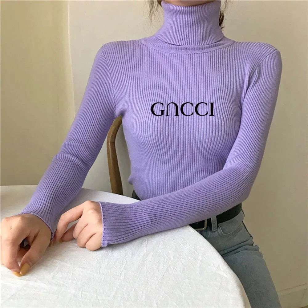 Elegant Solid Basic Knitted Tops Women Turtlneck Sweater Long Sleeve Casual Slim Pullover Korean Fashion Simple Chic Clothes