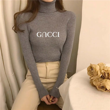 Elegant Solid Basic Knitted Tops Women Turtlneck Sweater Long Sleeve Casual Slim Pullover Korean Fashion Simple Chic Clothes