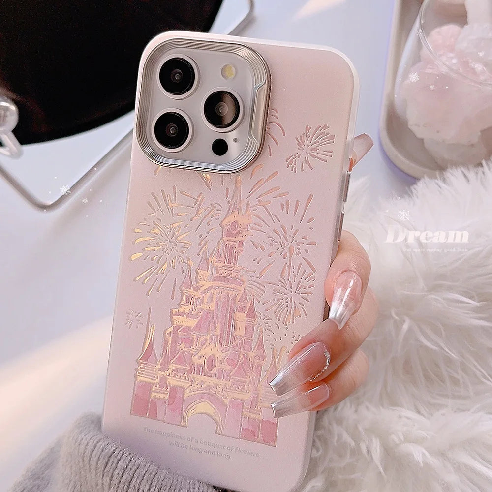 Pink Glitter Castle Phone Case with Lanyard for iPhone 15 14 13 12 Pro Max Plus Princess Fairytale Phone Case Cover