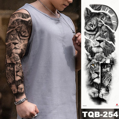 Large Arm Sleeve Tattoo Lion Crown King Rose Waterproof Temporary Tatoo Sticker Wild Wolf Tiger Men Full Skull Totem Fake Tatto