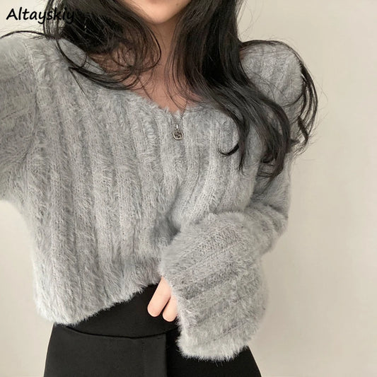 Cropped Pullovers Women Autumn Princess Soft Chic Tender All-match Korean Style Girlish V-Neck Vacation Stylish Свитер Ins New