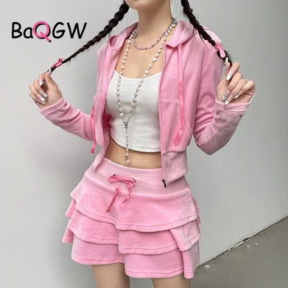 Sweet Korean Style Pink Zipper Hoodie and Tiered Mini Skirt Two Piece Set Women Sweet Y2K A-line Skirts Sweatshirts Suit Autumn