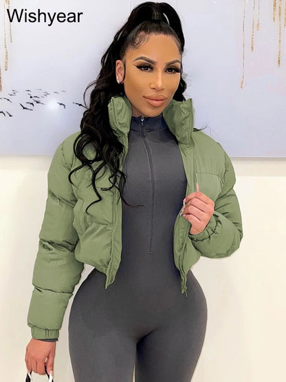 Winter Thick Warm Cotton Down Jacket Women Clothing Gray Zipper Short Puffer Parkas Coats Outwear Female  Crop Tops Streetwear