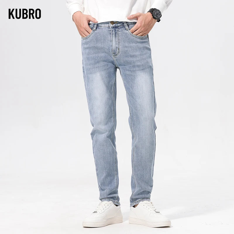 KUBRO New In Jeans Light Blue Autumn Baggy Pants Mencotton Blue Jeans Baggy Casual Denim Trousers Male Big Size Brand Clothing