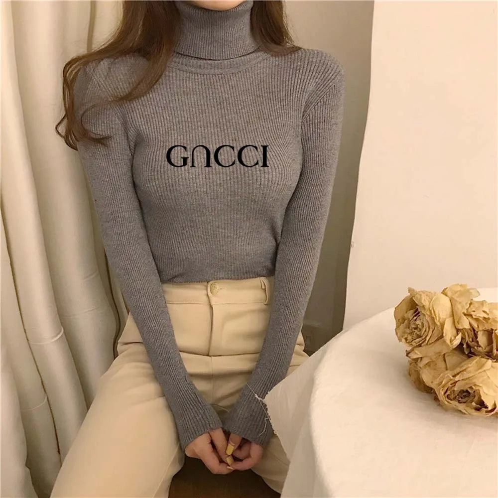 Elegant Solid Basic Knitted Tops Women Turtlneck Sweater Long Sleeve Casual Slim Pullover Korean Fashion Simple Chic Clothes