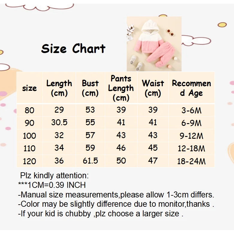 0-2 Years Newborn Baby Girl Fluff Hooded Clothes Set Long Sleeve Hoodie Top + Pant Autumn and Winter Warm Daily 2PCS Outfit