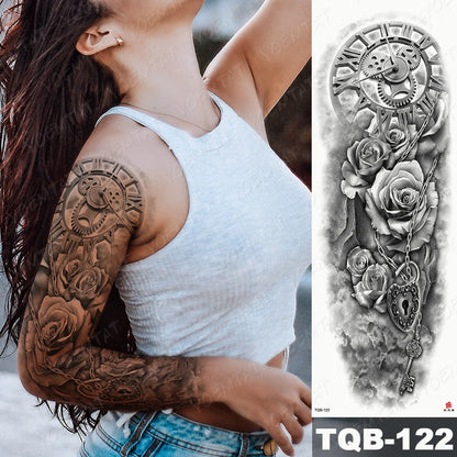 Large Arm Sleeve Tattoo Lion Crown King Rose Waterproof Temporary Tatoo Sticker Wild Wolf Tiger Men Full Skull Totem Fake Tatto