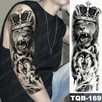 Large Arm Sleeve Tattoo Lion Crown King Rose Waterproof Temporary Tatoo Sticker Wild Wolf Tiger Men Full Skull Totem Fake Tatto