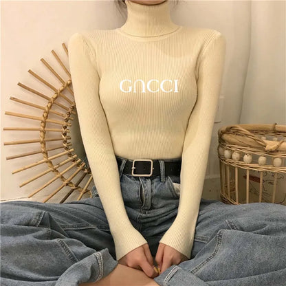 Elegant Solid Basic Knitted Tops Women Turtlneck Sweater Long Sleeve Casual Slim Pullover Korean Fashion Simple Chic Clothes