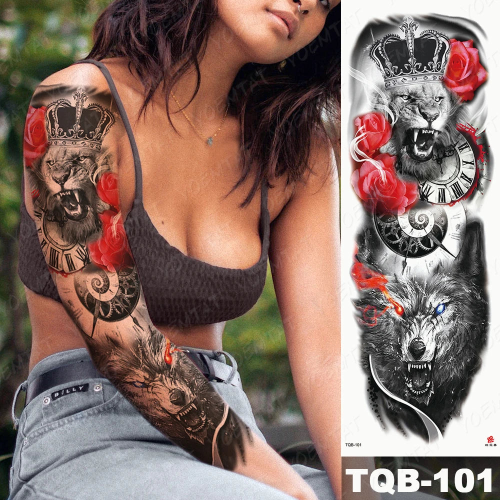 Large Arm Sleeve Tattoo Lion Crown King Rose Waterproof Temporary Tatoo Sticker Wild Wolf Tiger Men Full Skull Totem Fake Tatto