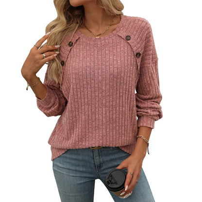 2025 New Item Women's Tee Top With Round Neck And Brushed Solid Color Pullover Tshirts Loose Casual Long Sleeved Button T-shirt