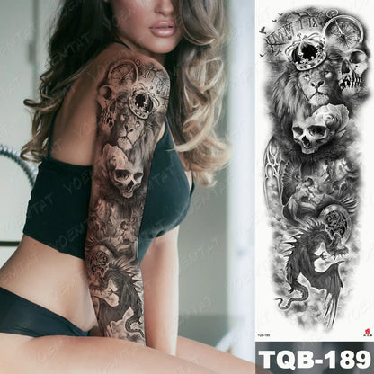 Large Arm Sleeve Tattoo Lion Crown King Rose Waterproof Temporary Tatoo Sticker Wild Wolf Tiger Men Full Skull Totem Fake Tatto