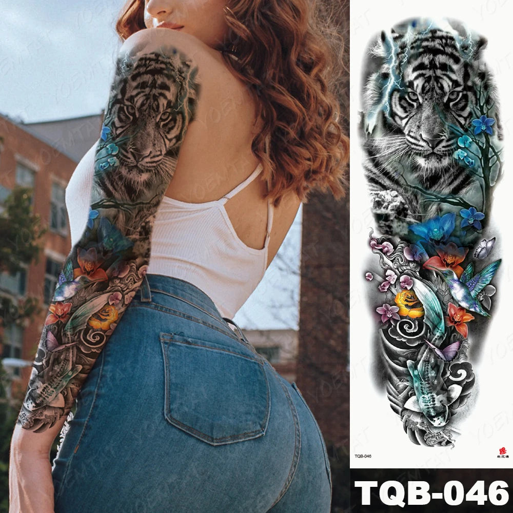 Large Arm Sleeve Tattoo Lion Crown King Rose Waterproof Temporary Tatoo Sticker Wild Wolf Tiger Men Full Skull Totem Fake Tatto