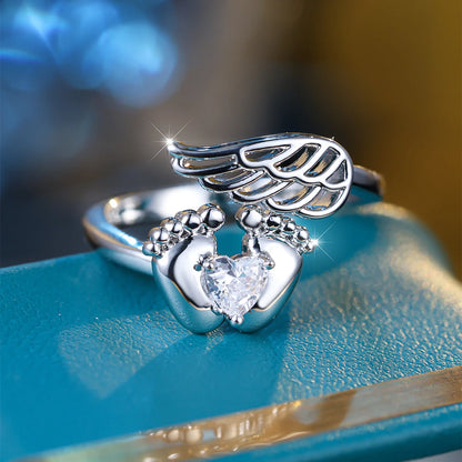 Personality Cute Little Feet Zircon Little Wings Rings Trendy Silver Color Opening Ring Dainty Small For Women Wedding Jewelry