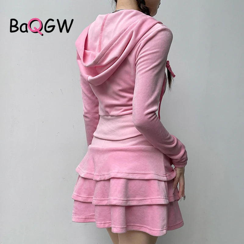 Sweet Korean Style Pink Zipper Hoodie and Tiered Mini Skirt Two Piece Set Women Sweet Y2K A-line Skirts Sweatshirts Suit Autumn