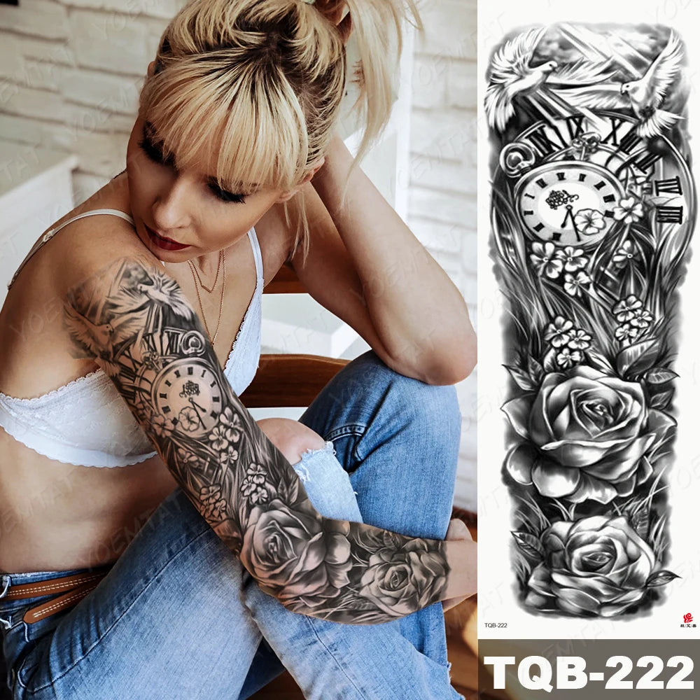 Large Arm Sleeve Tattoo Lion Crown King Rose Waterproof Temporary Tatoo Sticker Wild Wolf Tiger Men Full Skull Totem Fake Tatto