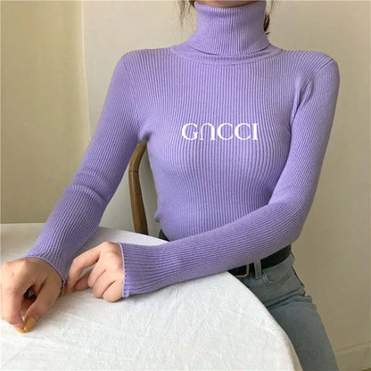 Elegant Solid Basic Knitted Tops Women Turtlneck Sweater Long Sleeve Casual Slim Pullover Korean Fashion Simple Chic Clothes