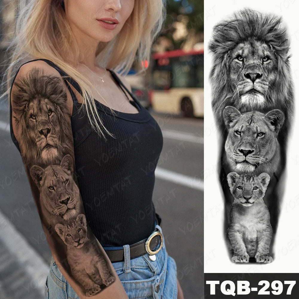 Large Arm Sleeve Tattoo Lion Crown King Rose Waterproof Temporary Tatoo Sticker Wild Wolf Tiger Men Full Skull Totem Fake Tatto