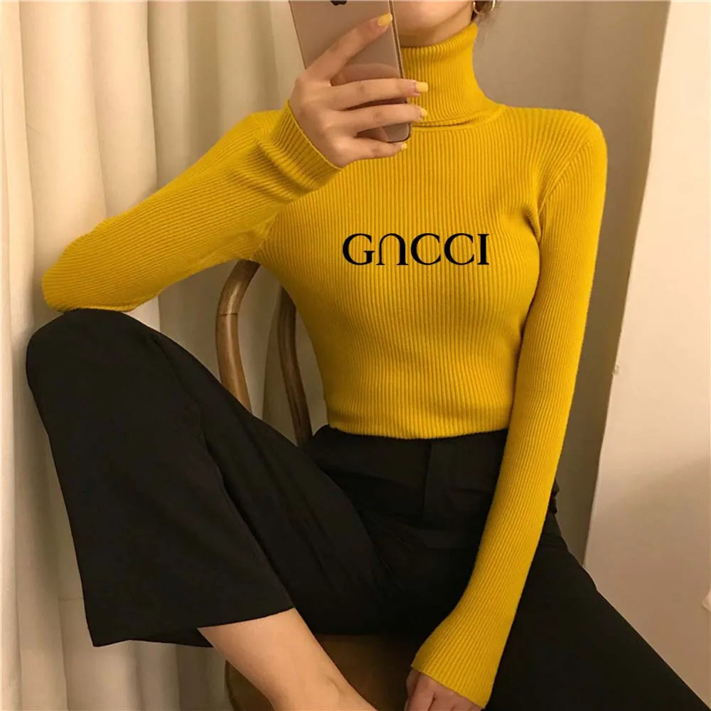 Elegant Solid Basic Knitted Tops Women Turtlneck Sweater Long Sleeve Casual Slim Pullover Korean Fashion Simple Chic Clothes