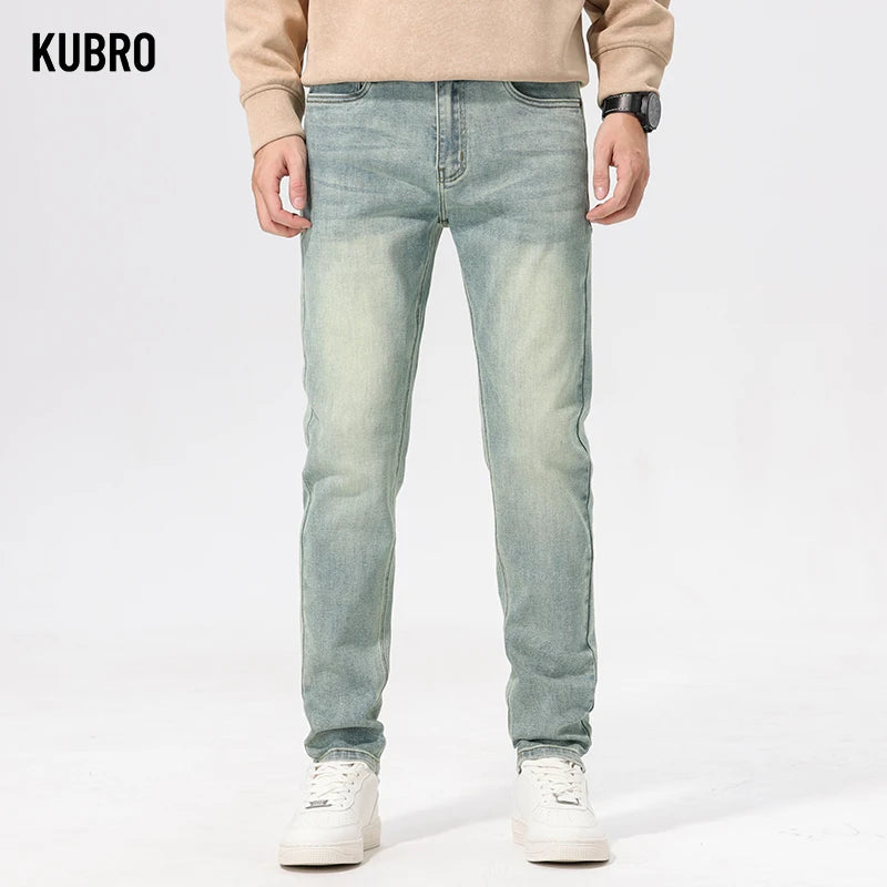 KUBRO New In Jeans Light Blue Autumn Baggy Pants Mencotton Blue Jeans Baggy Casual Denim Trousers Male Big Size Brand Clothing