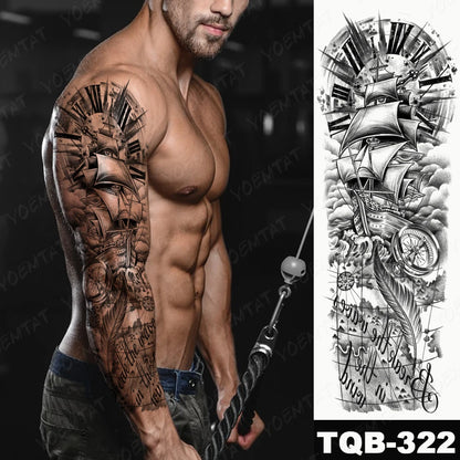 Large Full Arm Sleeve Tribal Totem Waterproof Temporary Tattoo Sticker Skull Totem Bird Wolf Tiger Fake Tatoo Body Art Men Women