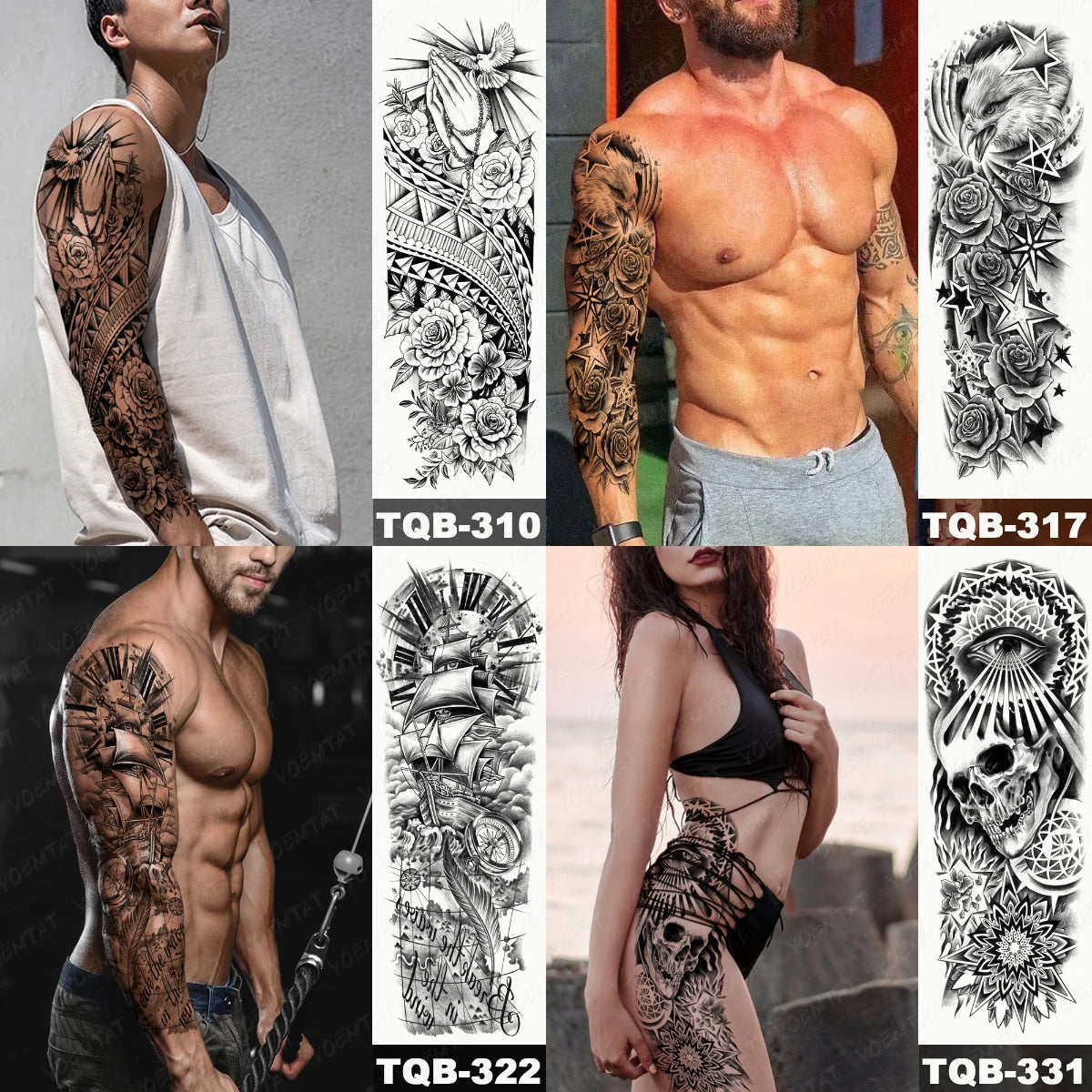 Large Full Arm Sleeve Tribal Totem Waterproof Temporary Tattoo Sticker Skull Totem Bird Wolf Tiger Fake Tatoo Body Art Men Women