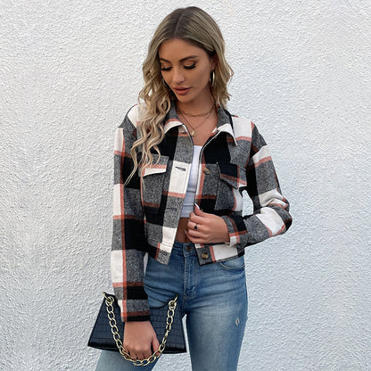 Plaid Lapel Cropped Jacket with Pockets Fashion Button Long Sleeve Short Outwear Tops Coat for Womens Clothing